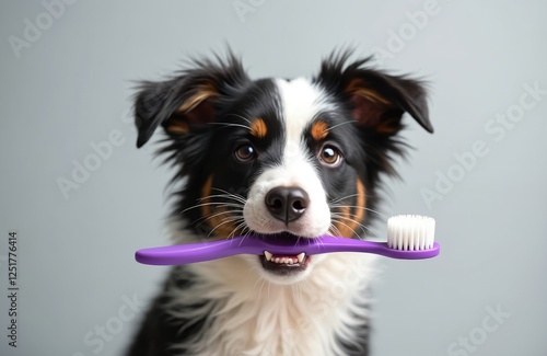 Smart dog is holding a purple toothbrush in its mouth. The pet poses against a neutral background for studio shot promoting dental care and pet wellbeing concept. photo