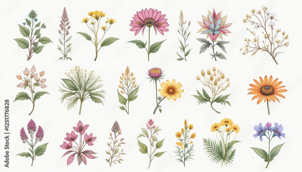 A set of contemporary botanical illustrations on a white background A set of contemporary botanical illustrations on a white background