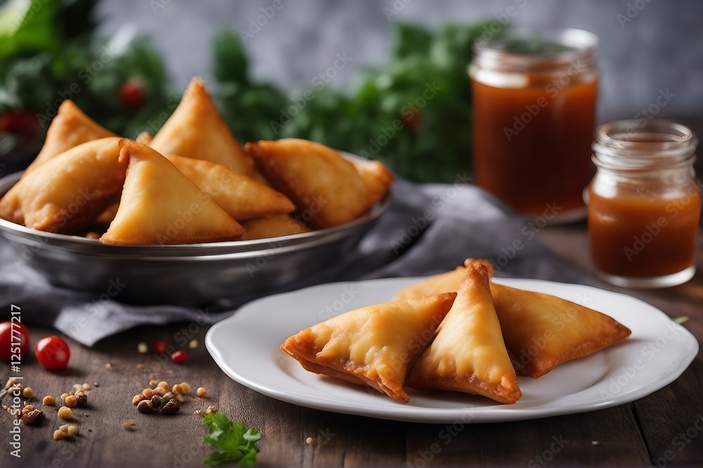 A Detailed Photograph of Crispy, Golden Deep-Fried Samosas Served with a Side of Flavorful Dipping Chutney. Generative AI A Detailed Photograph of Crispy, Golden Deep-Fried Samosas Served with a Side of Flavorful Dipping Chutney. Generative AI