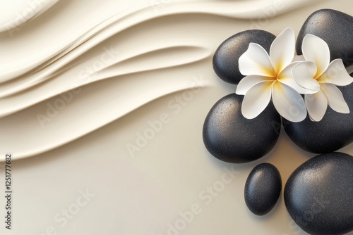 Spa stones and flowers on beige waves.