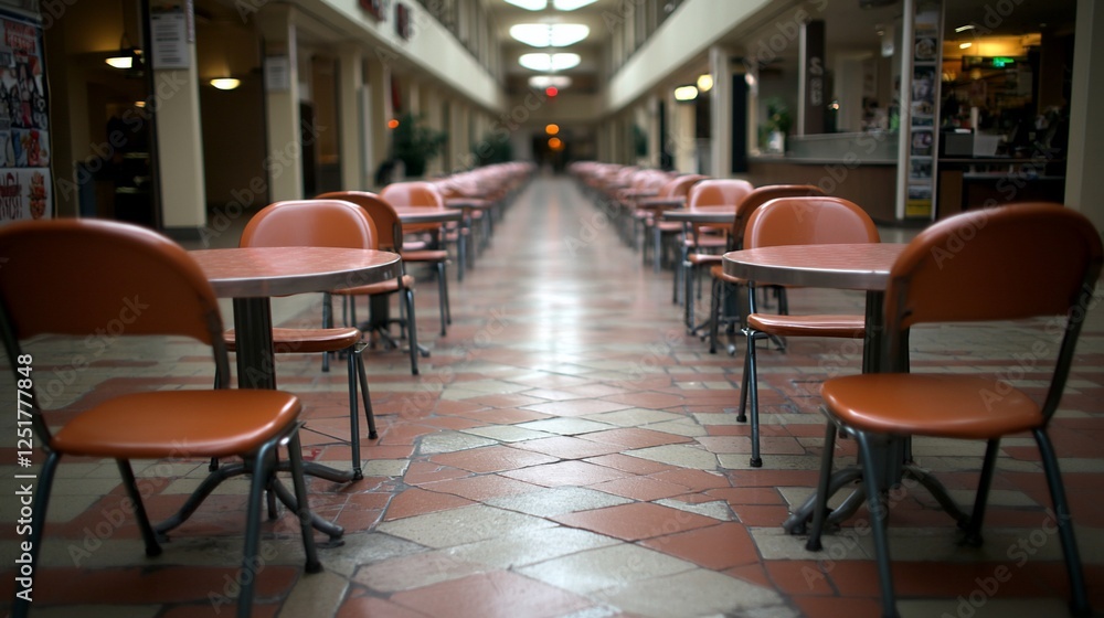 Empty food court, long rows of tables and chairs, midday. Use Stock photo Empty food court, long rows of tables and chairs, midday. Use Stock photo