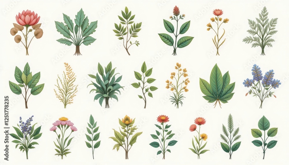 A set of decorative plant illustrations on a white background A set of decorative plant illustrations on a white background