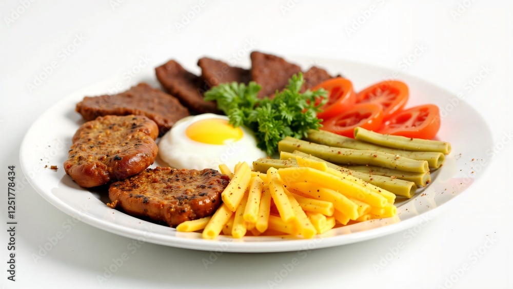 Delicious and Nutritious Breakfast Plate with Fried Egg, Meat Patties, Pasta, Green Beans, and Delicious and Nutritious Breakfast Plate with Fried Egg, Meat Patties, Pasta, Green Beans, and