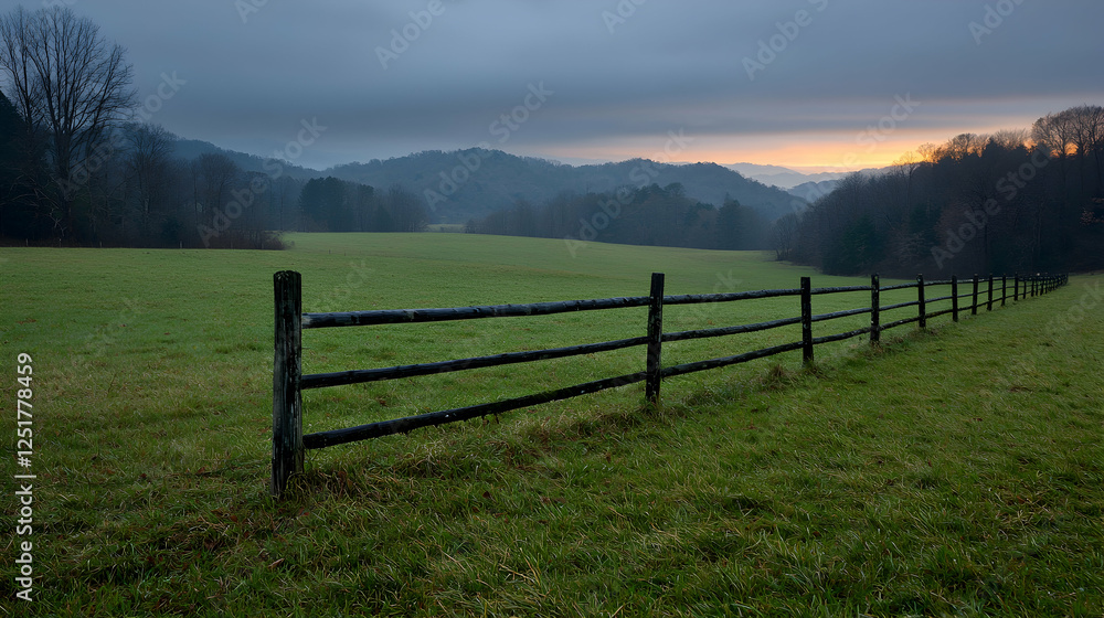 Dawn over valley pasture, split rail fence, misty hills Dawn over valley pasture, split rail fence, misty hills