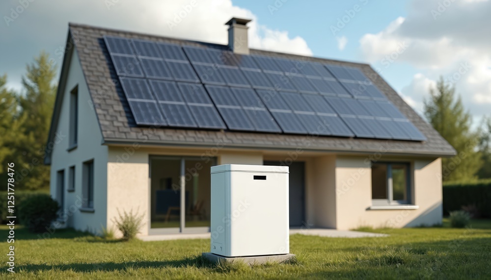 Modern home featuring solar panels, battery storage system on lawn. Renewable energy concept with electric integration for smart, sustainable urban living, eco-friendly climate solution. Future house Modern home featuring solar panels, battery storage system on lawn. Renewable energy concept with electric integration for smart, sustainable urban living, eco-friendly climate solution. Future house