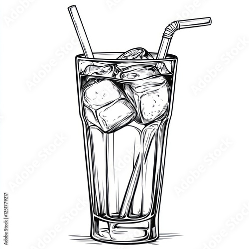 Drawing of a cocktail glass with ice and straws.  Possible use  Stock photo for food and drink themes photo