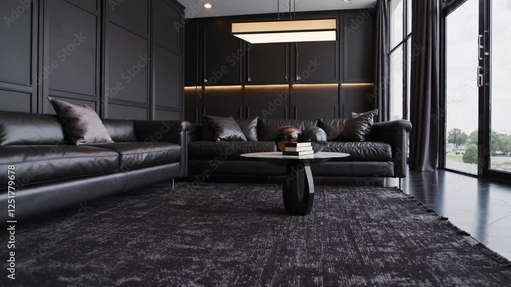 A sleek and luxurious modern interior with a bold black color palette ...