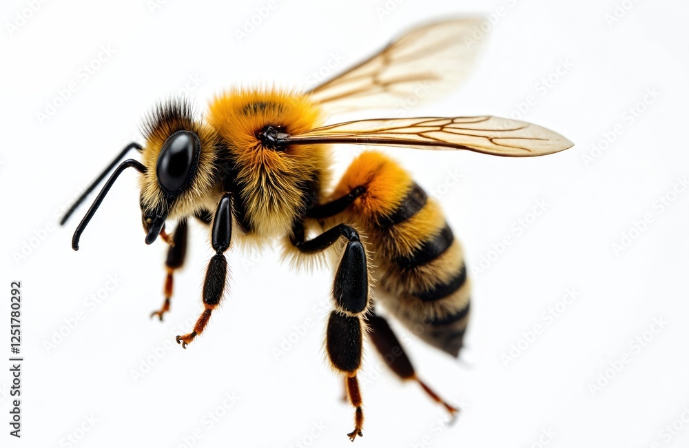 Detailed close-up of bumblebee mid-flight on white backdrop. Fuzzy insect shows wings, black, yellow stripes. Flying pollinator captured in macro, isolated on clean white background. Biology, Detailed close-up of bumblebee mid-flight on white backdrop. Fuzzy insect shows wings, black, yellow stripes. Flying pollinator captured in macro, isolated on clean white background. Biology,