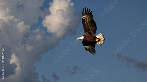 A majestic bald eagle soaring through the sky with its powerful wings fully extended, 