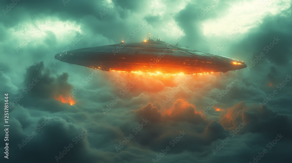 A spaceship is flying through a cloudy sky with a fire on its side A spaceship is flying through a cloudy sky with a fire on its side