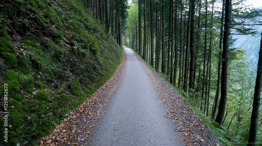 Naklejka premium Walking path through lush forest in scenic nature landscape tranquil environment serene viewpoint inviting concept for outdoor exploration