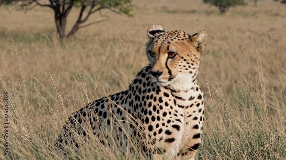close-up portrait of a cheetah sitting gracefully in the golden grasslands of the African savanna, close-up portrait of a cheetah sitting gracefully in the golden grasslands of the African savanna,