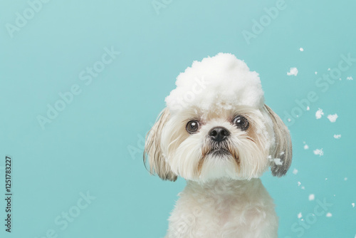 Shih Tzu dog with fluffy white fur and foam on its head, on pastel blue background, playful, humorous scene. For pet-related projects, grooming services, designs focused on animals and companionship