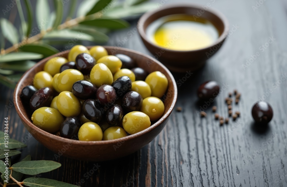Olives assortment in bowl. Green and black olives mix on wooden table. Olive oil, branch, leaves complete food composition. Healthy mediterranean diet snack. Vegan appetizer rich with antioxidants. Olives assortment in bowl. Green and black olives mix on wooden table. Olive oil, branch, leaves complete food composition. Healthy mediterranean diet snack. Vegan appetizer rich with antioxidants.