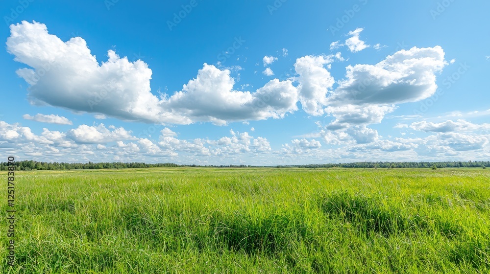 Fototapeta premium Sunny day, green field, blue sky, fluffy clouds, rural landscape