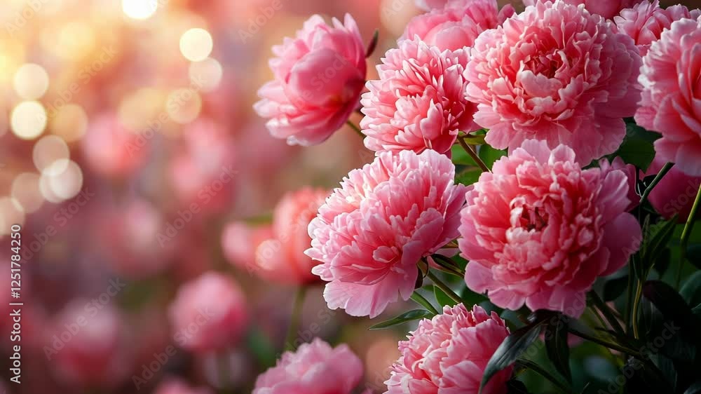Beautiful pink peonies blooming in a vibrant garden with soft bokeh