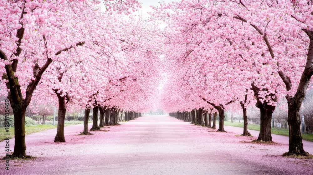 Naklejka premium Cherry blossom blossoms in full bloom scenic garden pathway nature photography serene spring atmosphere wide angle view tranquility and beauty