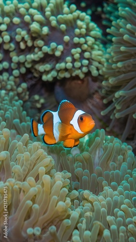 A vibrant orange clownfish swimming among soft green anemones.