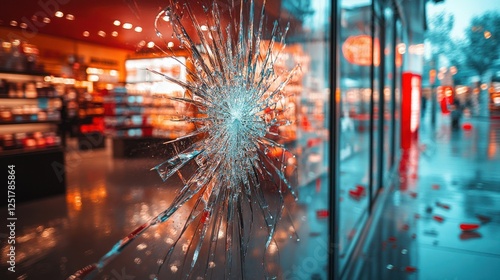 Shattered storefront window, city street, vandalism, blurry background, insurance claim