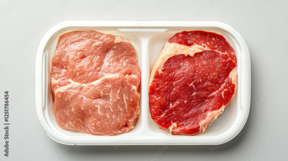 Fresh raw meat in plastic tray, showcasing pork and beef cuts Fresh raw meat in plastic tray, showcasing pork and beef cuts