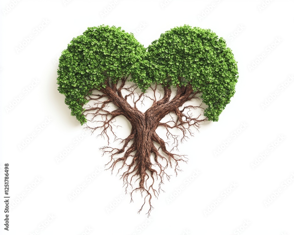 Fototapeta premium Heart shaped tree with lush green leaves and intricate roots, symbolizing love and nature