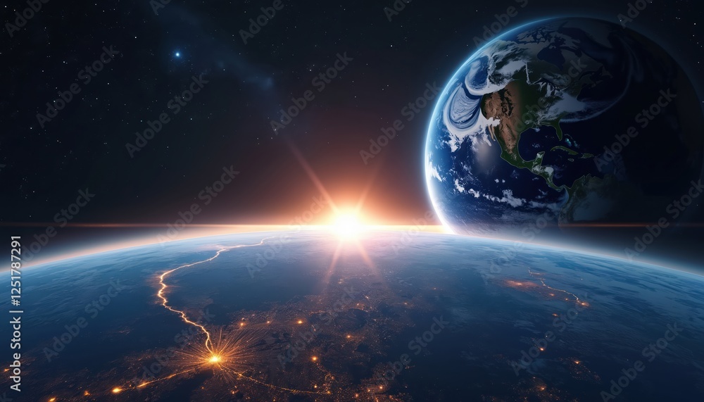 Obraz premium Illustration of sunrise over Earth from space city lights infrastructure. Cosmic view of planet in orbit. Sunbeam flares, stars, universe. Great wallpaper for tech, science, travel, exploration