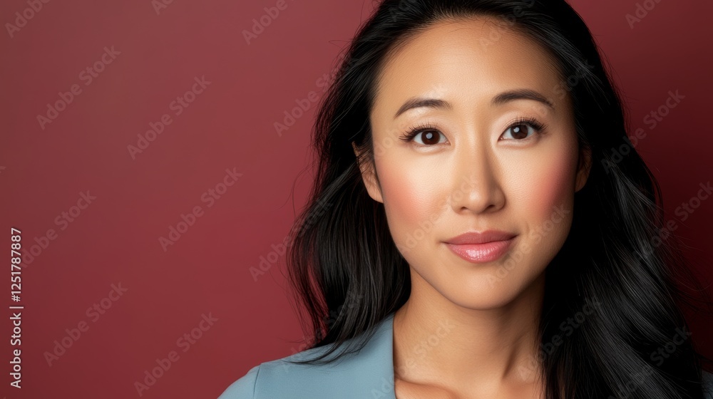 Obraz premium Elegant Asian woman with long black hair in light blue poses for a beauty shoot against a solid backdrop