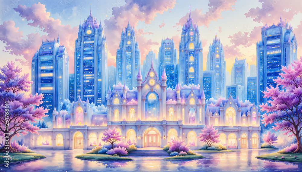 Fototapeta premium Enchanting futuristic cityscape with blooming cherry trees, wonder