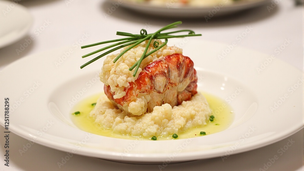 Exquisite butter poached lobster tail with chive oil atop a cauliflower puree Perfect for gourmet dining concepts Exquisite butter poached lobster tail with chive oil atop a cauliflower puree Perfect for gourmet dining concepts