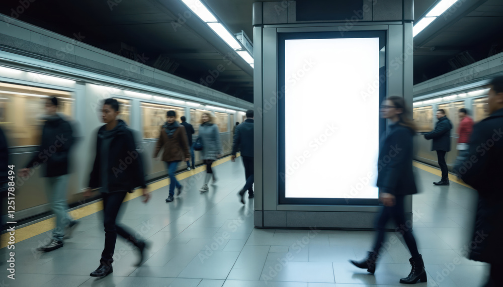 Fototapeta premium Underground metro station with commuters rushes. Blank illuminated billboard display catches attention in urban rush hour. Modern subway platform with train. People travel to work, daily commute