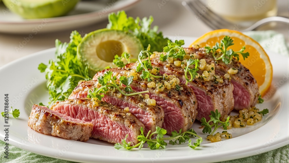 Delicious pan seared tuna with citrus vinaigrette and avocado slices Perfect for food blogs menus and culinary designs Delicious pan seared tuna with citrus vinaigrette and avocado slices Perfect for food blogs menus and culinary designs