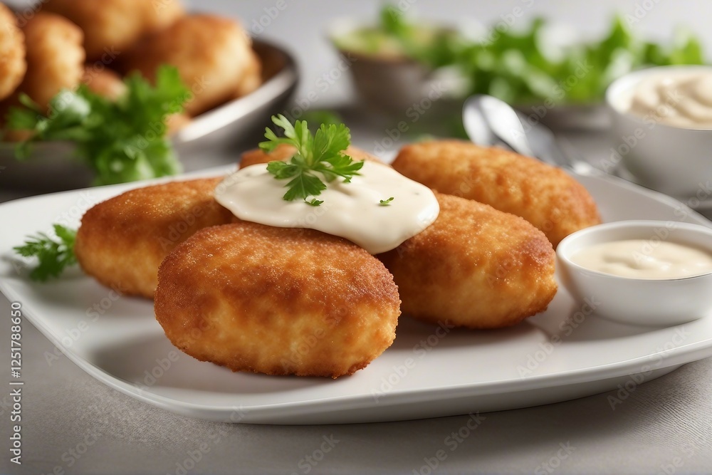 Crispy Chicken Croquettes with Creamy Mayonnaise Sauce on a Plate, Generative AI Crispy Chicken Croquettes with Creamy Mayonnaise Sauce on a Plate, Generative AI