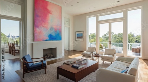 Wallpaper Mural Minimalist living room with a large abstract painting on the wall, simple furniture arrangement, and plenty of open space, serene and uncluttered Torontodigital.ca