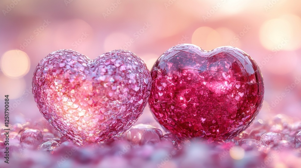Obraz premium Two glass hearts, bokeh background, romance, Valentine's