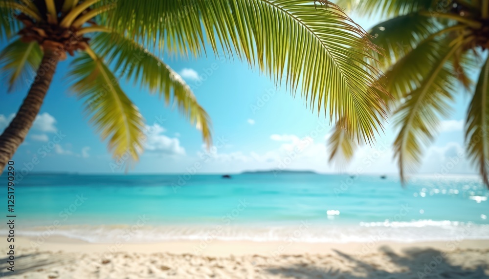 Blurred shot displays tropical paradise vibes. Palm trees sway along sandy shore with turquoise ocean under bright clear sky. Perfect for summer vacation eco travel, tourism themes tropical Blurred shot displays tropical paradise vibes. Palm trees sway along sandy shore with turquoise ocean under bright clear sky. Perfect for summer vacation eco travel, tourism themes tropical