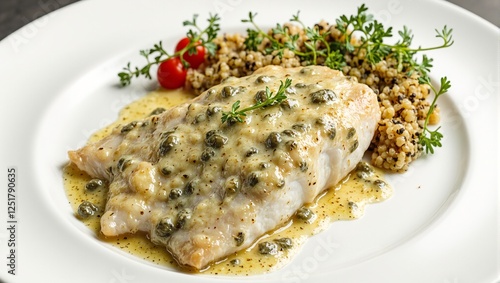 Exquisite pan seared branzino with zesty lemon caper sauce accompanied by a side of nutritious quinoa A gourmet delight