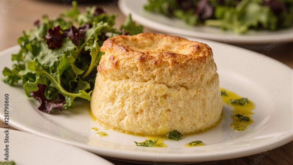Delicious cheese souffl with golden crust mixed greens and vinaigrette Perfect for food enthusiasts and culinary concepts Delicious cheese souffl with golden crust mixed greens and vinaigrette Perfect for food enthusiasts and culinary concepts