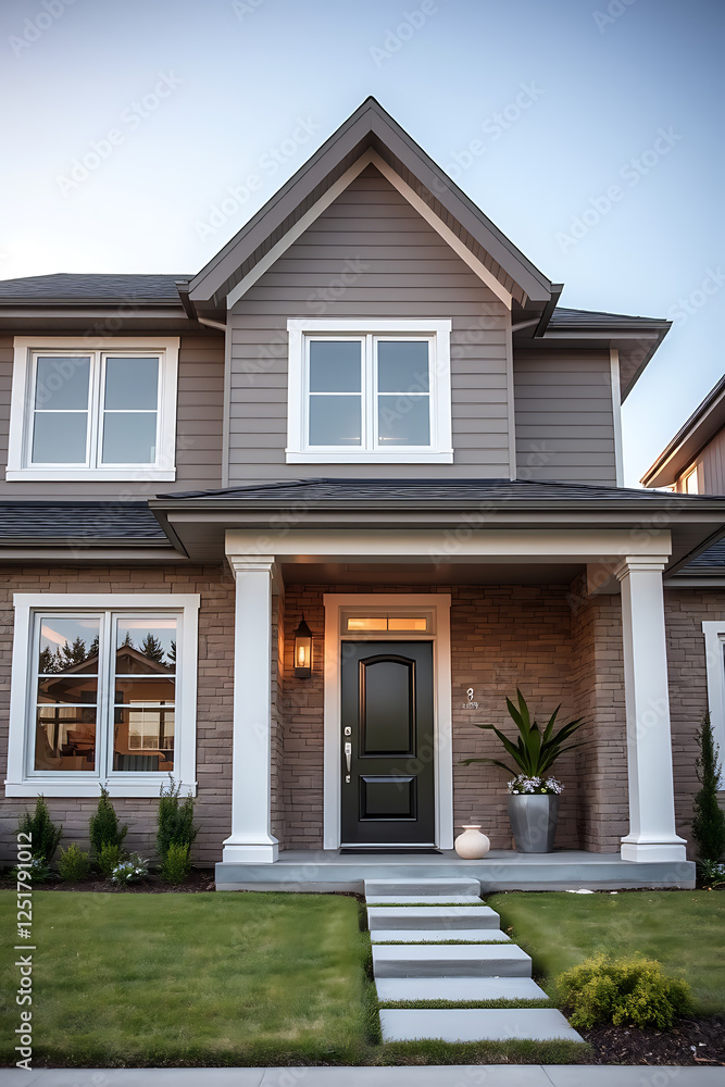 Fototapeta premium Modern House Exterior: Contemporary Home Design and Architecture. Luxury Real Estate Property with Brick Facade, Gray Siding, and Landscaped Lawn