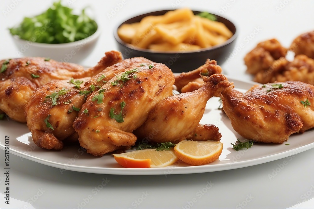Crispy Fried Chicken Pieces Served on a White Plate. Generative AI Crispy Fried Chicken Pieces Served on a White Plate. Generative AI