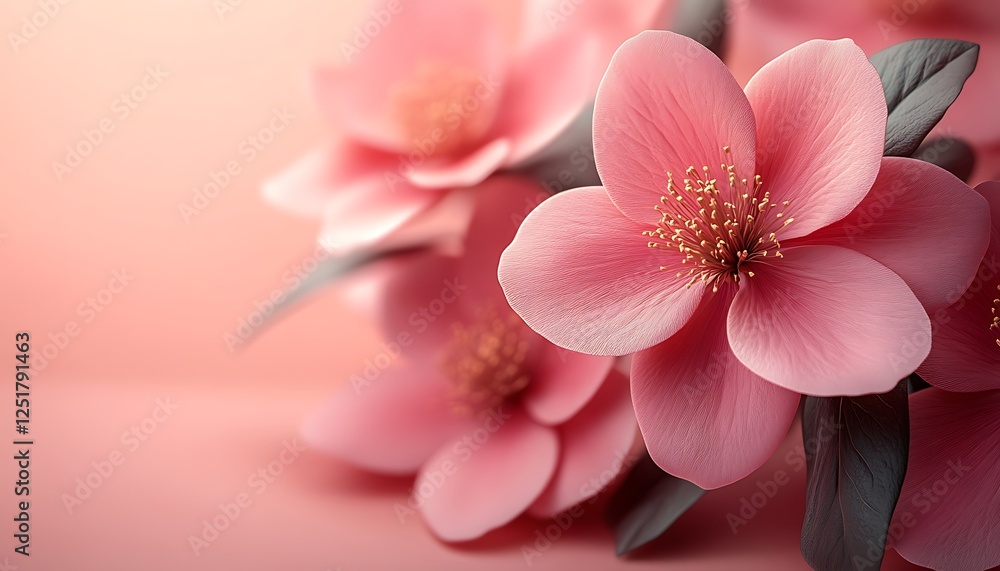 Obraz premium Delicate Pink Flowers with Green Leaves on a Soft Pink Background