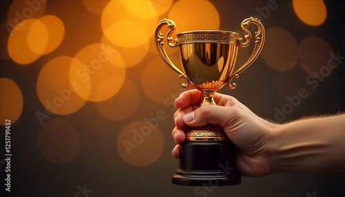 Golden Trophy Held Up Against a Blurred Background of Lights photo