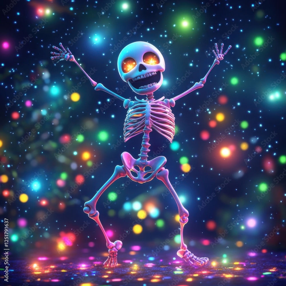 Naklejka premium Joyful Skeleton Dancing Under Colorful Bokeh Lights at Night