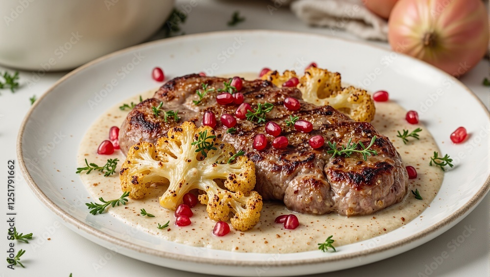 Delicious vegan cauliflower steak with creamy tahini sauce and fresh pomegranate seeds Perfect for foodies and health conscious consumers Delicious vegan cauliflower steak with creamy tahini sauce and fresh pomegranate seeds Perfect for foodies and health conscious consumers