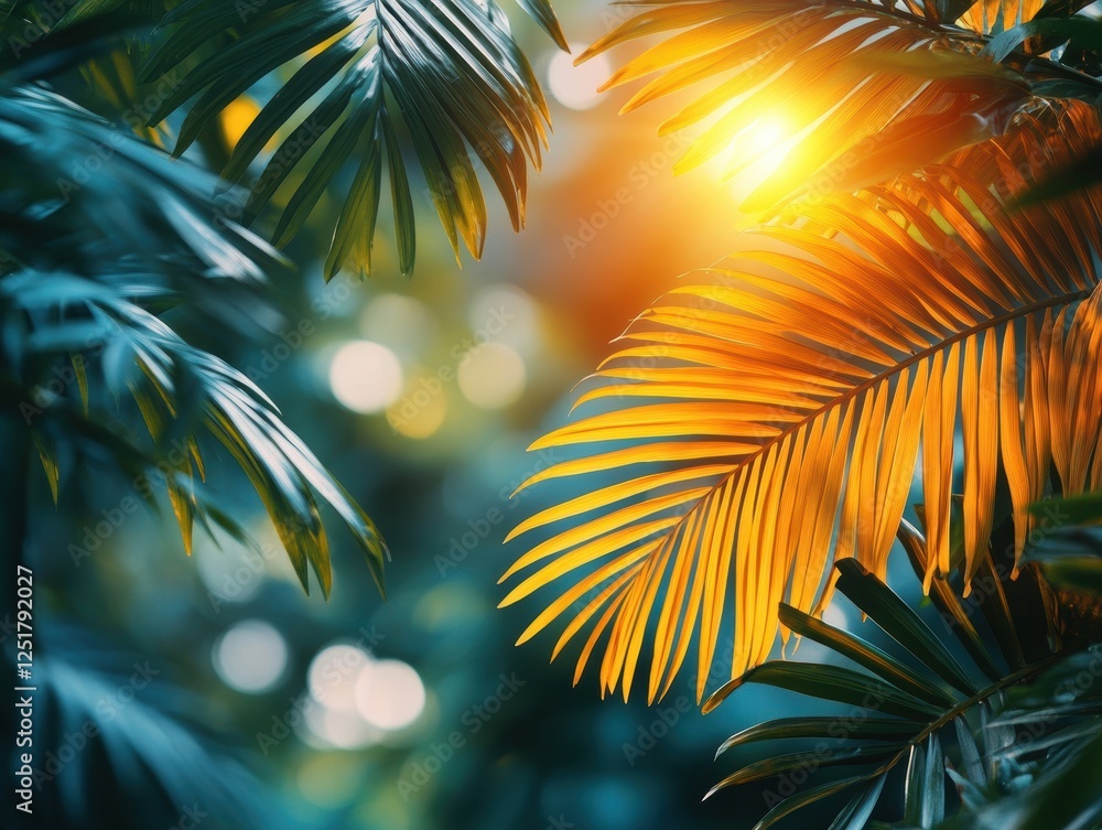 Fototapeta premium Lush tropical foliage illuminated by warm sunlight and soft bokeh effects.
