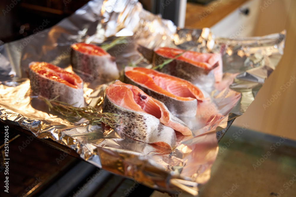 top view of salmon steaks on a wooden board top view of salmon steaks on a wooden board