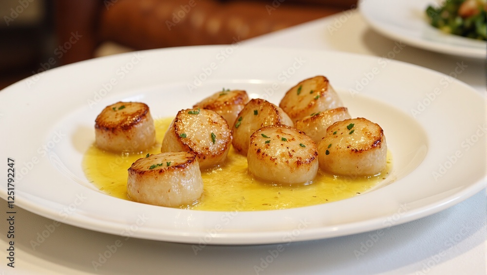 Exquisite arrangement of pan seared scallops on a plate with a drizzle of lemon beurre blanc sauce perfect for culinary concepts