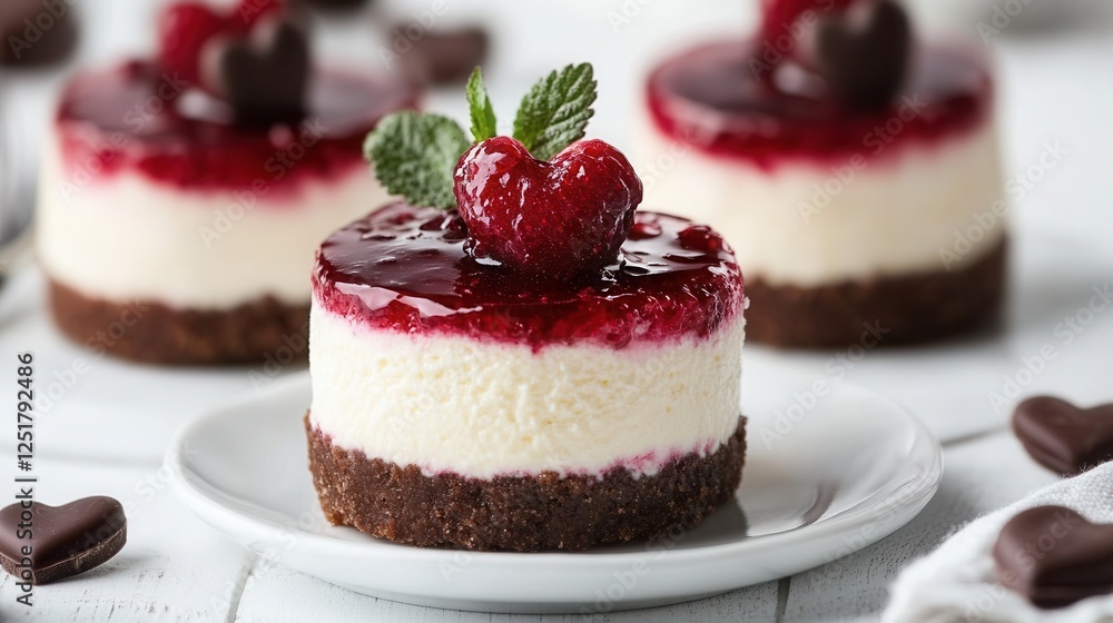 No-Bake Cheesecake Mini cheesecakes flavored with vanilla, topped with red berry sauce and chocolate hearts, Delicious mini cheesecakes topped with raspberry sauce and mint leaves served on a white pl No-Bake Cheesecake Mini cheesecakes flavored with vanilla, topped with red berry sauce and chocolate hearts, Delicious mini cheesecakes topped with raspberry sauce and mint leaves served on a white pl