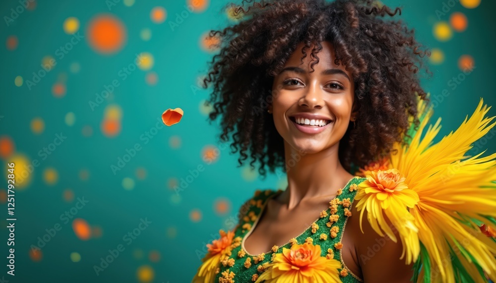 Fototapeta premium Brazilian girl with curly hairs in festive dress decorated with yellow flowers for Rio carnival. Smiling model at samba parade on holiday party. Carnival concept. Beauty, fashion, lifestyle, Brazil