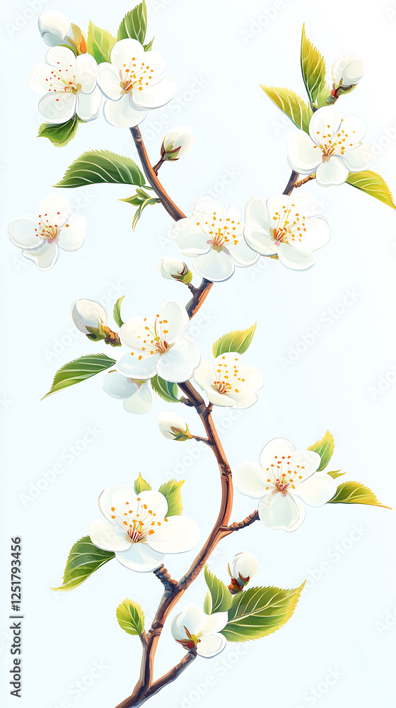 Obraz premium Elegant Cherry Blossom Illustration – Minimalist Botanical Art with White Flowers, Green Leaves, and Soft Pastel Background for Wallpapers, Prints, and Nature-Inspired Decor