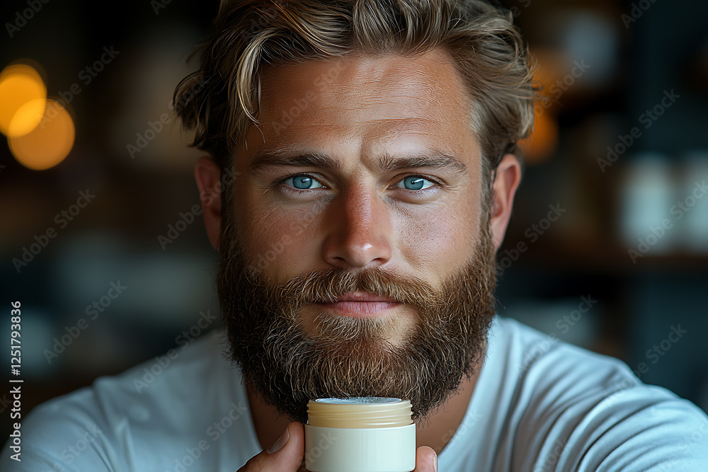 A portrait of a man with a medium beard holding an unbranded beard balm. A portrait of a man with a medium beard holding an unbranded beard balm.